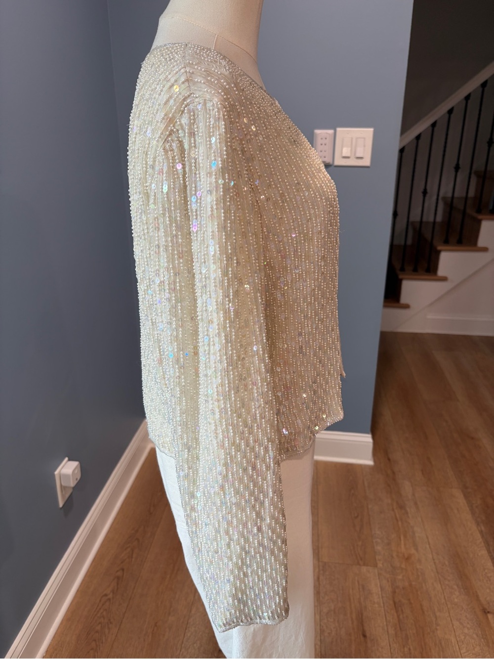 Vintage Laurence Kazar New York Silk Beaded Sequin Jacket Ivory XL - Picture 5 of 10